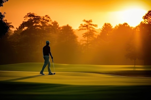 Golfista jugando al golf por la noche en el campo de golf