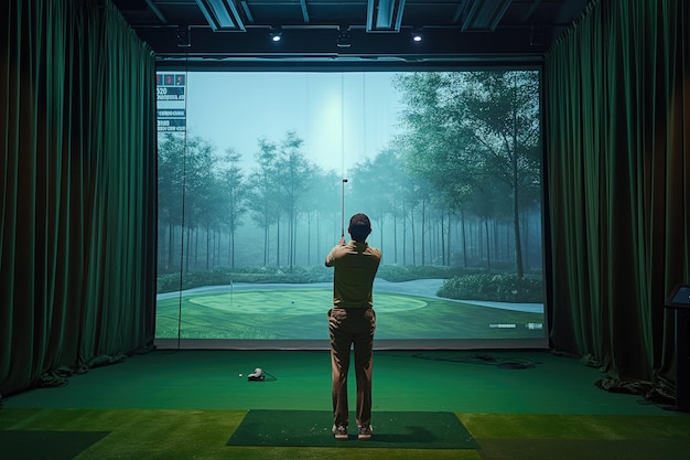 Foto golfista jugando al golf en un simulador de interior simulador de golf de medios mixtos