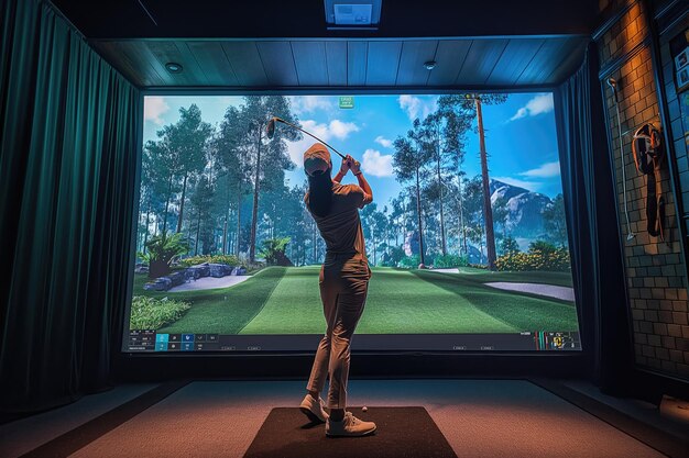 Foto golfista jugando al golf en un simulador de interior simulador de golf de medios mixtos