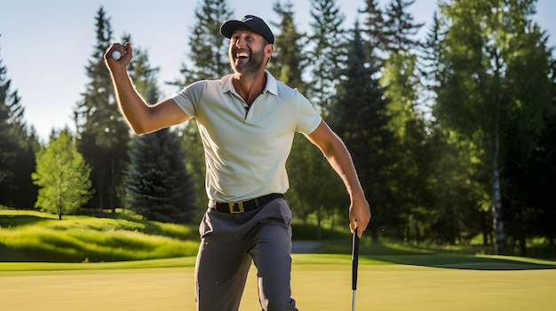 Golfista masculino celebrando un holeinone en un campo verde y exuberante