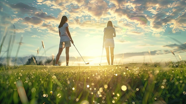 Golfista no campo de golfe durante o pôr do sol com o céu dramático ai generativo