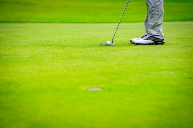 Golfista, pôr, bola golfe, para, tiro buraco