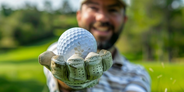 Foto golfista sorridente segurando uma bola de golfe no campo de golfe verde à luz do dia