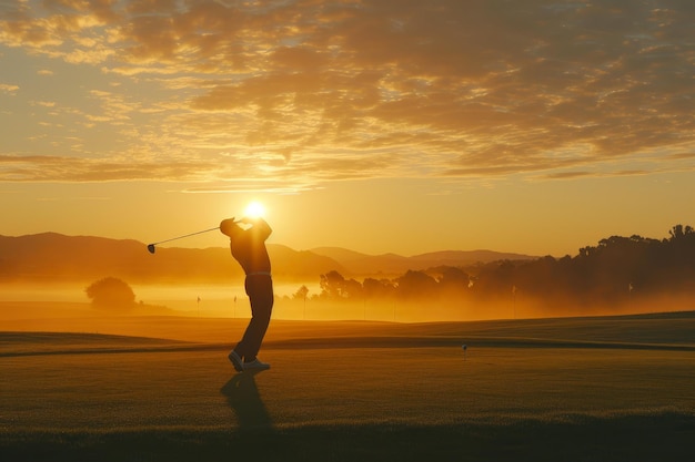 Foto los golfistas golpean perfectamente contra el amanecer