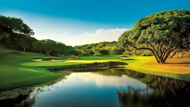 Golfplatz in der Natur mit einem mit generativer KI hergestellten See-Banner