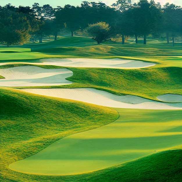 Golfplatz-Landschaftshintergrund mit grünem Gras an einem sonnigen Tag