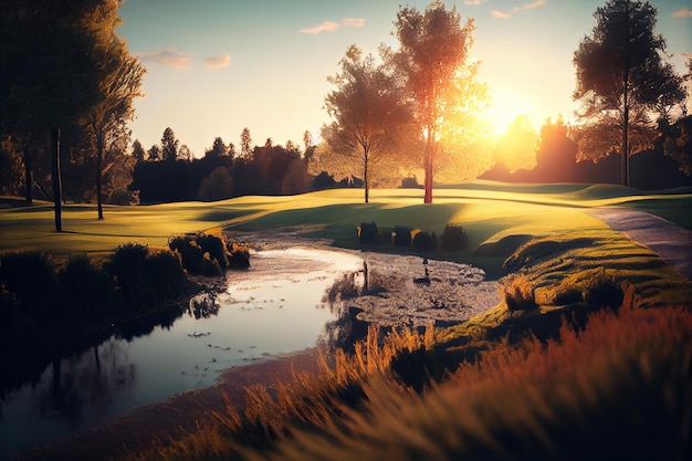 Golfplatz mit schönem Sonnenuntergang im Hintergrundgenerative ai