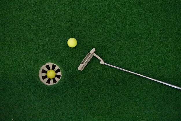 Golfschläger auf grünes Gras mit Golfball in das Loch setzen