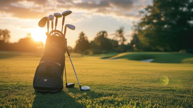 Golfschläger in einer Tasche auf dem Golfplatz bei Sonnenuntergang