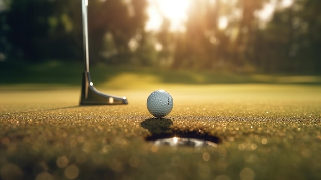 Golfschläger und Ball auf dem grünen Gras mit Sonnenflamme