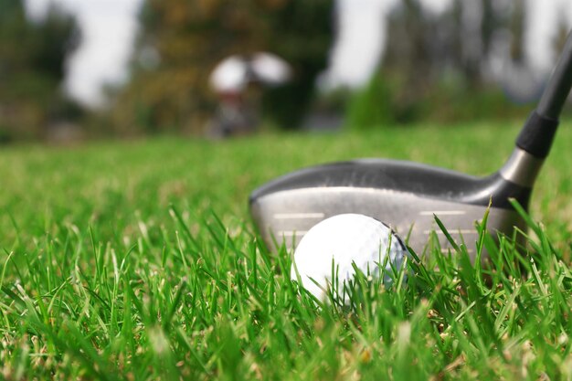 Golfschläger und Ball auf grünem Gras