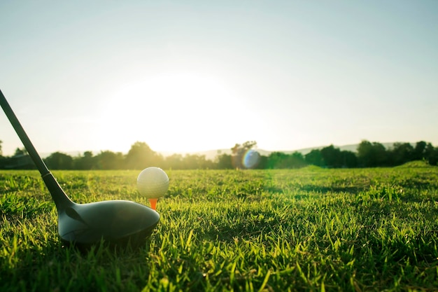 Golfschläger und Golfbälle auf einem grünen Rasen in einem schönen Golfplatz