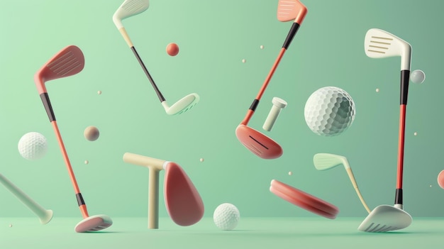 Golfschläger und T-Schläger schweben d-Stil isolierte fliegende Objekte Memphis-Stil d-Render KI-generierte Illustration