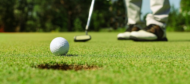 Golfspieler am Putting Green, der Ball in ein Loch schlägt