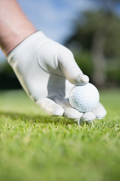 Golfspieler, der Golfball auf T-Stück setzt