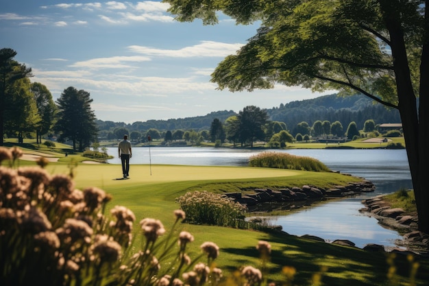 Golfspieler in perfektem Schwung, ruhige Landschaft, generative IA