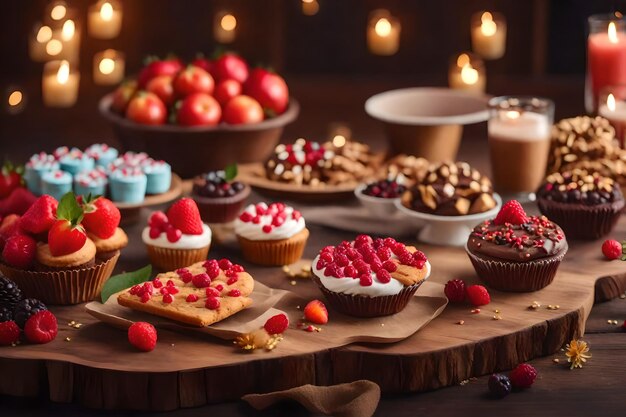 Las golosinas decoran la mesa de madera para la celebración generada por ai