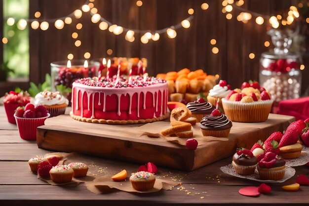 Las golosinas decoran la mesa de madera para la celebración generada por ai