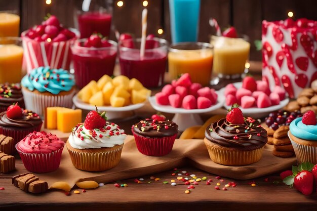 Foto las golosinas decoran la mesa de madera para la celebración generada por ai