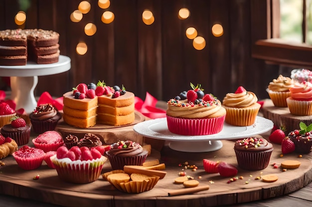 Las golosinas decoran la mesa de madera para la celebración generada por ai