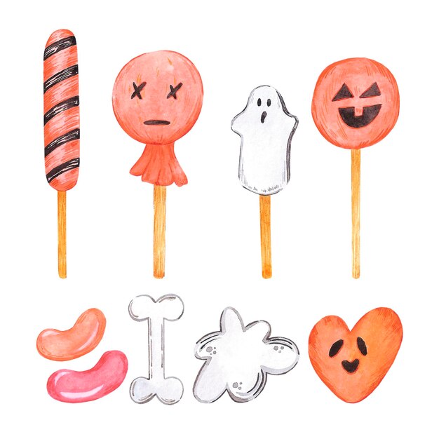 Golosinas de halloween acuarela dibujadas a mano Ilustración aislada sobre fondo blanco Puede usarse para tarjetas, etiquetas, pancartas y otros productos impresos