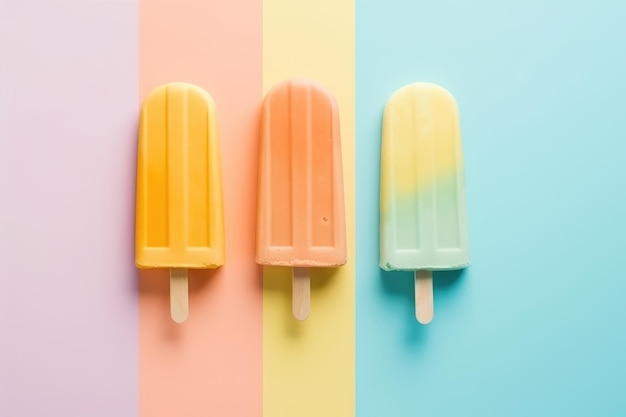 Golosinas de paletas de helado sobre un fondo colorido pastel IA generativa