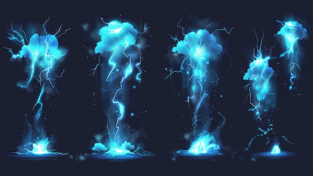 Golpe de rayo en el suelo o en el suelo con estallido de vfx efecto bola de luz y nubes de humo conjunto de ilustraciones modernas de dibujos animados de trueno azul con flash y salpicaduras de energía de energía para la interfaz de juego
