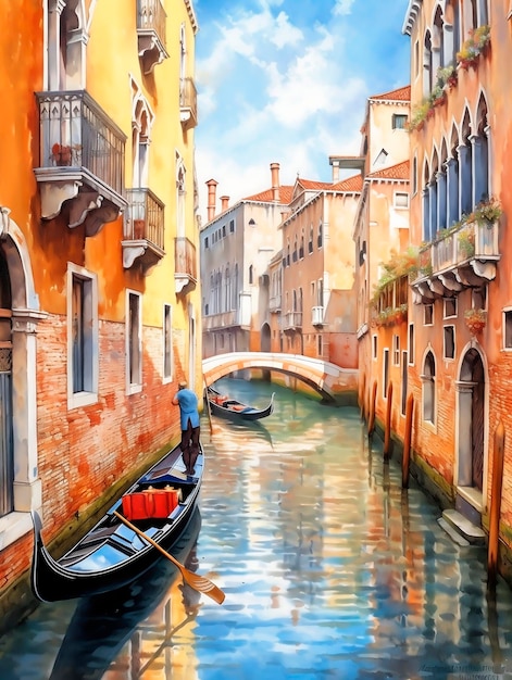Gondel auf dem Kanal in Venedig Italien Digitale MalereiAI generiert