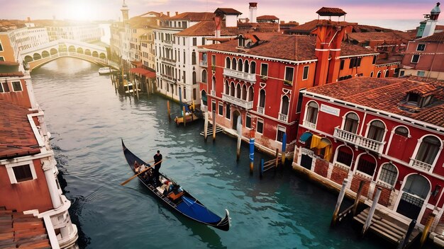 Gondola na lagoa e a vista principal de Veneza, Itália