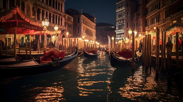 Góndolas adornadas con luces durante el Carnaval de Venecia