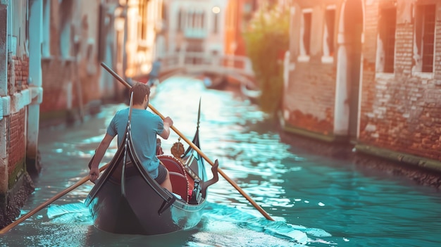 Foto un gondolero dirige una góndola a través de un estrecho canal en venecia