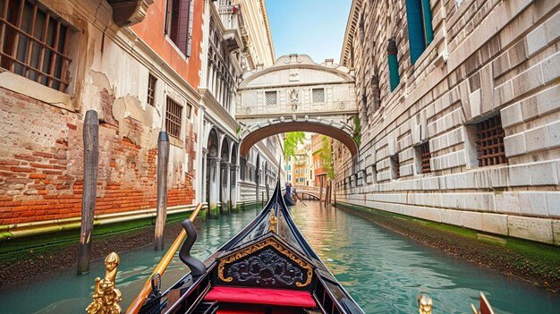 Foto gondolero veneciano montando una góndola a través de las aguas verdes del canal de venecia italia generativo ai
