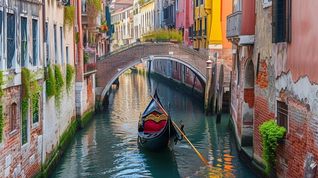 Foto gondolier veneziano pontando gôndola através das águas verdes do canal de veneza itália generative ai