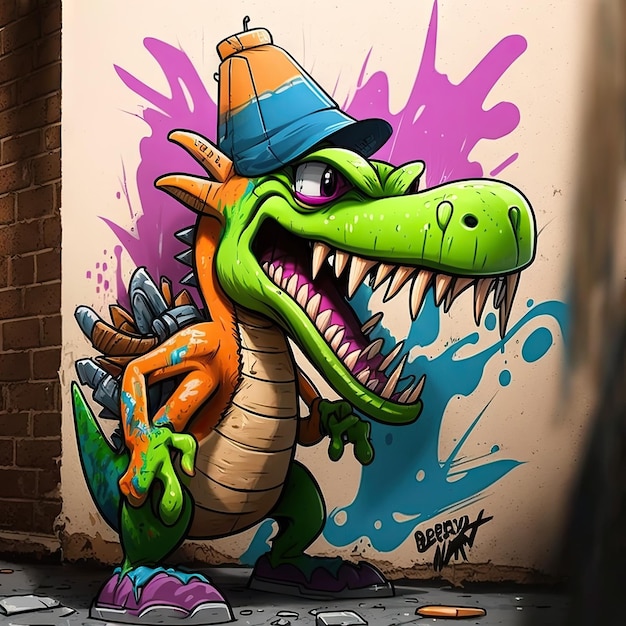 Goofy-Dinosaurier-Cartoon-Charakter-Graffiti-Stil-Marker-Zeichnung