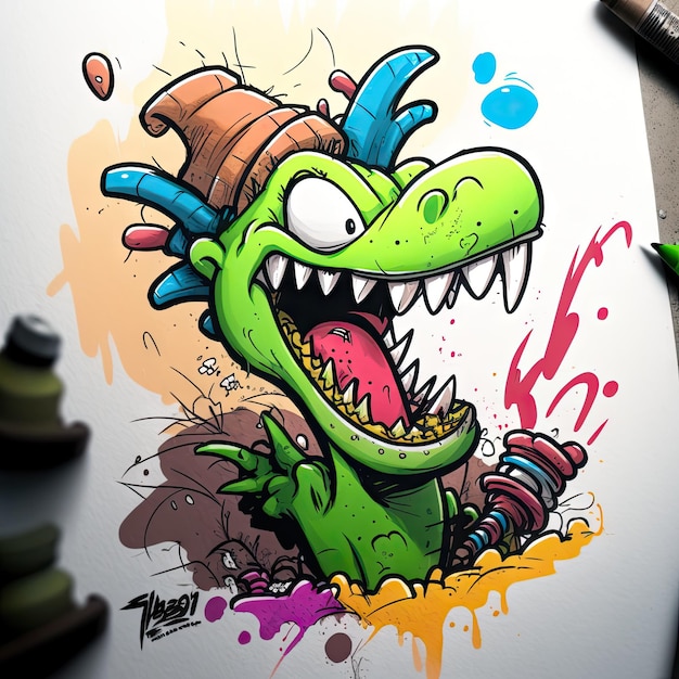 Goofy-Dinosaurier-Cartoon-Charakter-Graffiti-Stil-Marker-Zeichnung