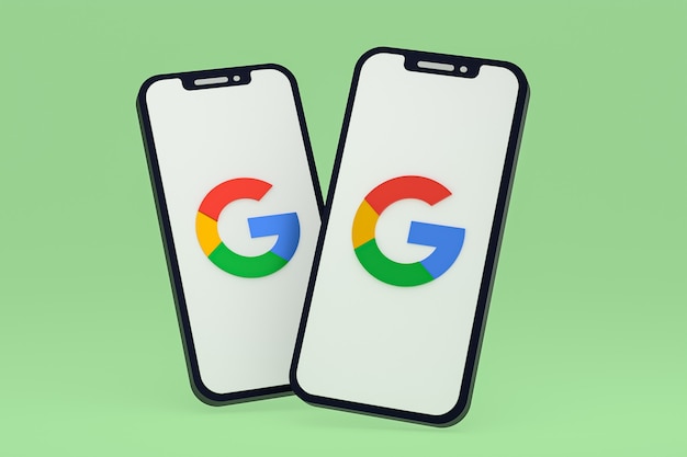 Foto google-symbol auf dem bildschirm smartphone oder handy 3d-rendering