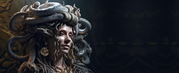 Foto gorgon medusa é uma mulher mitológica, uma criatura de lendas gerada por ai, maquete de banner de cabeçalho com espaço