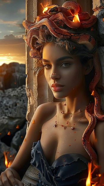 Foto gorgona mística la leyenda de medusa un símbolo de miedo y poder en la mitología griega con su pelo de serpiente que convirtió a la gente en piedra