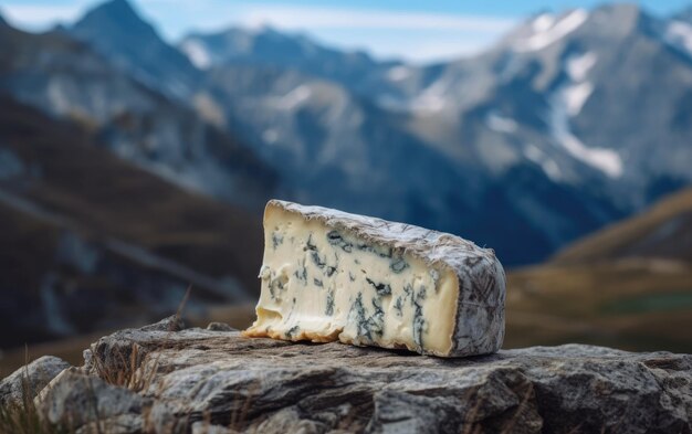 Foto gorgonzola blauschimmelkäse auf einem holzbrett mit bergen im hintergrund ai generiert