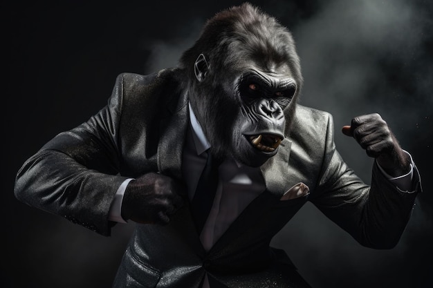 Gorila antropomórfica vestida con un elegante traje como un hombre de negocios Ilustración generada por la IA