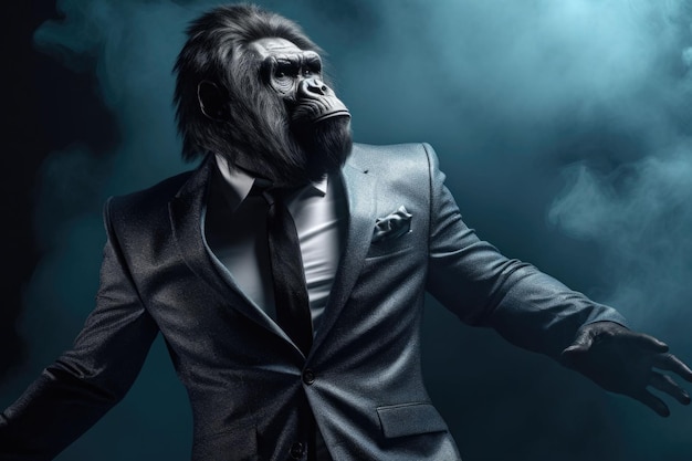 Gorila antropomórfico vestido con un traje elegante como un hombre de negocios, ilustración generada por IA