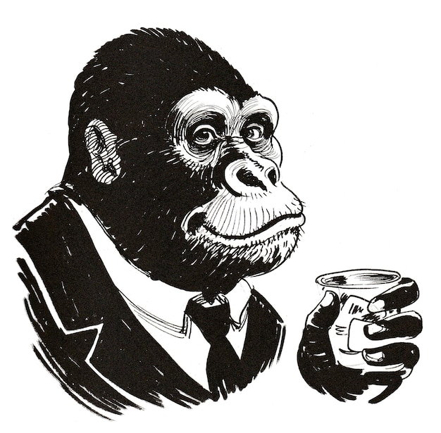 Gorila bebendo um copo de uísque. Desenho de tinta preto e branco
