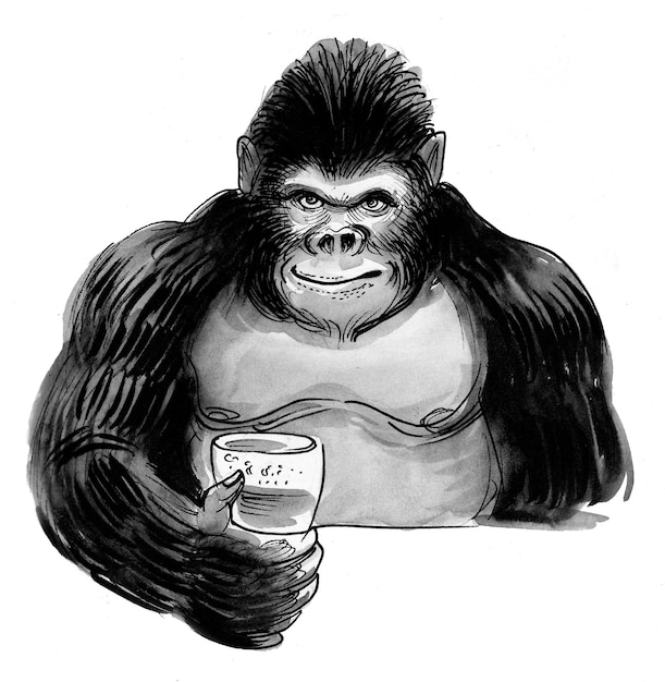 Gorila bebiendo un vaso de cerveza. Dibujo a tinta en blanco y negro