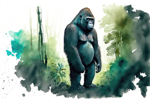 Gorila bonito parado no meio da floresta Pintura em aquarela