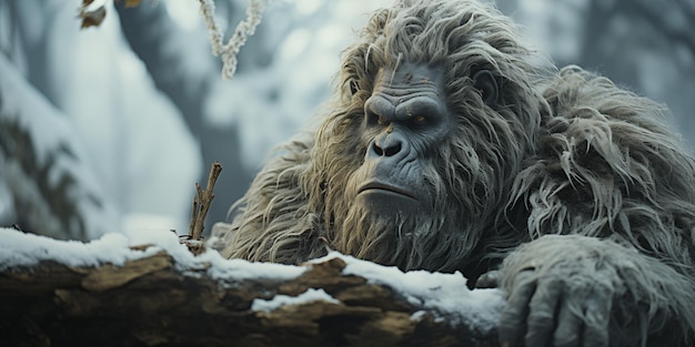 un gorila en el bosque con un fondo cubierto de nieve Imaginación de yeti