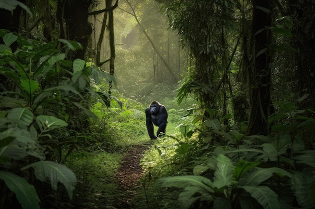 Gorila caminando por un exuberante bosque verde rodeado de naturaleza creada con ai generativo
