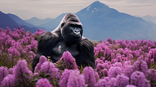 gorila en un campo de flores con la montaña en el fondo