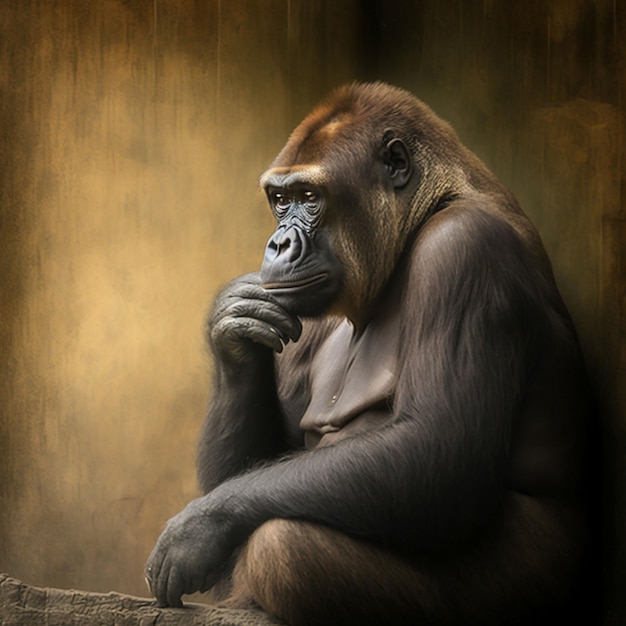 Un gorila con cara triste se sienta en un tronco.