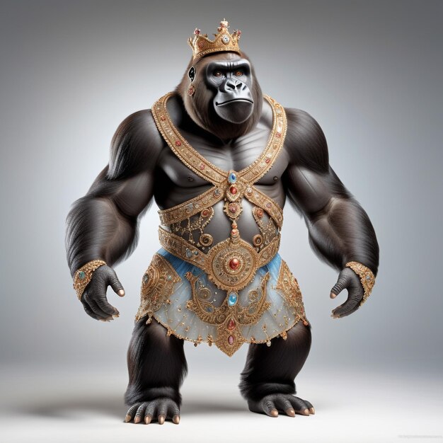 Gorila caricatura antropomórfica vestindo uma roupa de endereço de Cinderela de pé vista de corpo inteiro é