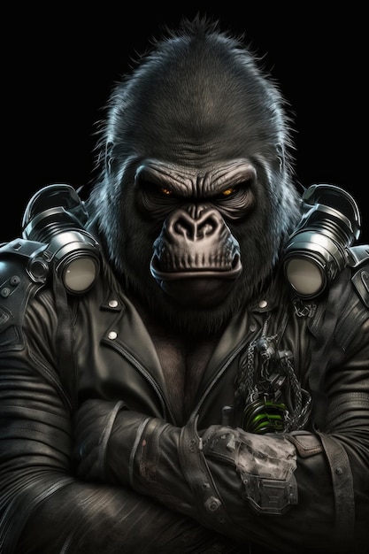 Gorila en una chaqueta de cuero con una pistola
